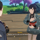 Two NPC characters wearing katana talk in a Japanese village.